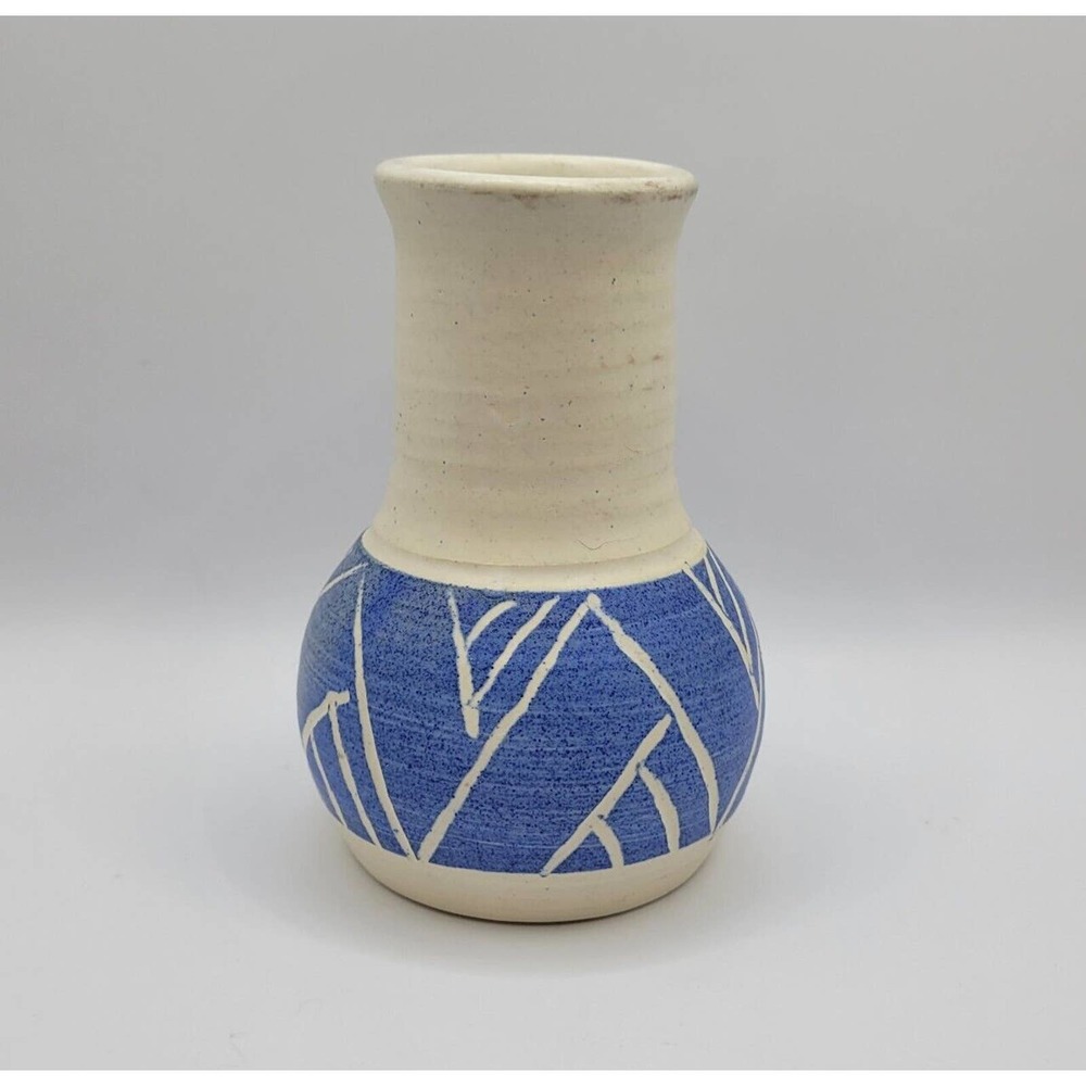 Studio Pottery Blue & White Geometric Pattern Signed 5" Small Ceramic Vase